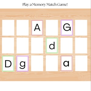 May include: Play a Memory Match Game! A wooden board with 12 squares, each with a letter hidden behind a white card. The letters are A, G, D, and G. Some cards are flipped over to reveal the letters.