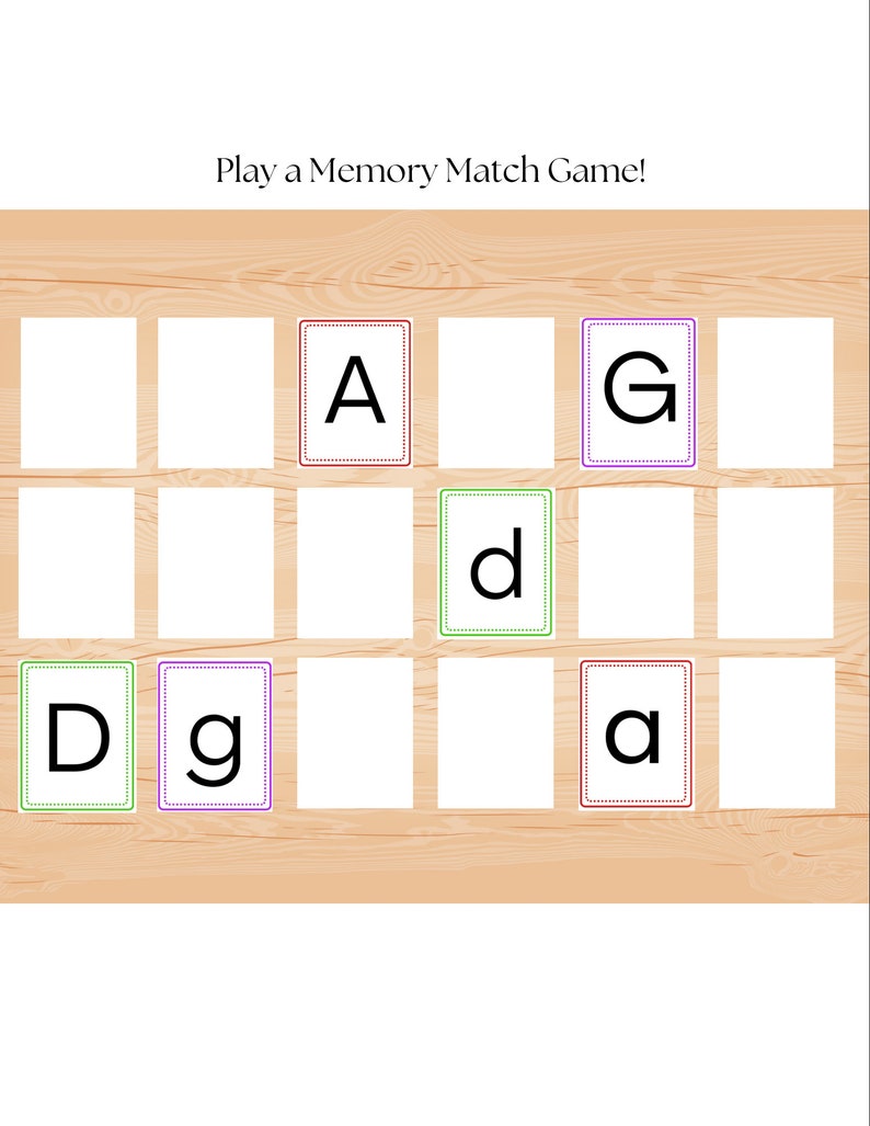 May include: Play a Memory Match Game! A wooden board with 12 squares, each with a letter hidden behind a white card. The letters are A, G, D, and G. Some cards are flipped over to reveal the letters.