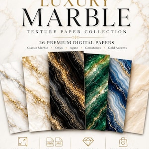 May include: A digital paper collection titled LUXE PATTERN STUDIO LUXURY MARBLE TEXTURE PAPER COLLECTION featuring 26 premium digital papers with classic marble, onyx, agate, gemstone, and gold accent designs in white, black, green, blue, and beige.