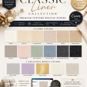 May include: A digital collection of 17 premium linen texture papers featuring 12 core colors including ivory, cream, champagne, oatmeal, sand, beige, greige, blush, sage, blue, charcoal, and black, plus 5 bonus colors including gray, purple, and gold.