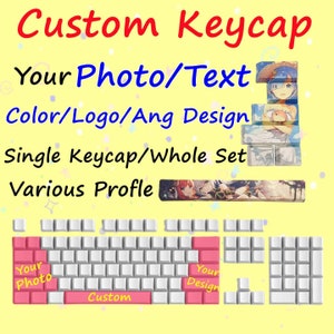 May include: Custom keycaps with the option to personalize with your photo, text, color, logo, or design. Available as single keycaps or whole sets, with various profile options. The image shows a keyboard layout with pink and white keycaps.