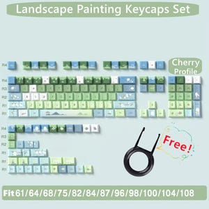 Può includere: Un set di keycap a tema paesaggio per tastiere meccaniche. Le keycap presentano una varietà di design blu, verdi e bianchi, tra cui montagne, nuvole e fiori. Le keycap sono compatibili con tastiere a 61, 64, 68, 75, 82, 84, 87, 96, 98, 100, 104 e 108 tasti. Le keycap sono in profilo Cherry. L'immagine include anche un estrattore di keycap gratuito.