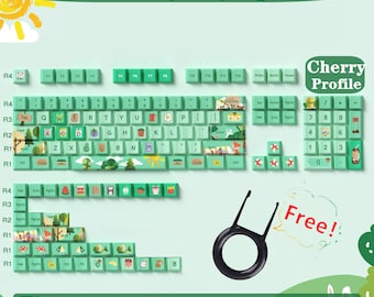 Juego de teclas de anime con animales, juego de teclas de fiesta en el bosque, teclas PBT Cherry 138 Artisan, teclas ergonómicas para teclado, juego de teclas verdes