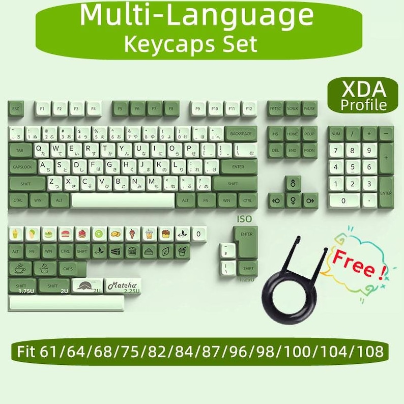 May include: A set of green and white keycaps with a Matcha design. The keycaps are in the XDA profile and fit 61, 64, 68, 75, 82, 84, 87, 96, 98, 100, 104, and 108 key keyboards. The keycaps come with a keycap puller.