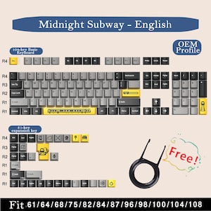 May include: A keyboard keycap set labeled "Midnight Subway - English." The set includes a 104-key basic keyboard layout and a 31-key expansion set. The keycaps are primarily gray with yellow accents and feature train-themed designs. A keycap puller is included.