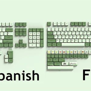 May include: A green and white keyboard keycap set with a Spanish and French layout. The keycaps feature a green color with white lettering. The keycaps are arranged in a standard keyboard layout with the Spanish and French language characters.
