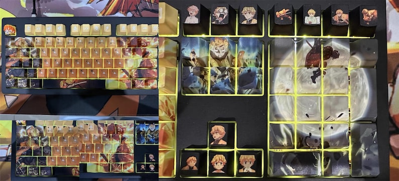 May include: A keyboard with custom keycaps featuring anime characters. The keycaps are arranged in a grid pattern and have a variety of colours and designs. The keyboard is black and has a silver frame.