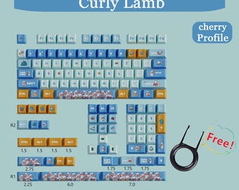 May include: A keyboard keycap set in a light blue and yellow color scheme, with the text "Curly Lamb" at the top. The set includes keys with various icons and text, and is compatible with multiple keyboard sizes. A keycap puller is included.