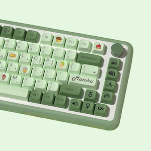 May include: A green and white keyboard with a variety of keys featuring different food and drink icons. The keyboard has a green and white color scheme and the keys are labeled with letters, numbers, and symbols. The keyboard also has a green key labeled "Matcha".