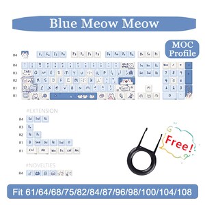 May include: A keyboard with white keycaps featuring blue cat-themed designs and the text "Blue Meow Meow." Includes a keycap puller and is compatible with various keyboard sizes. The keycaps have a MOC profile.