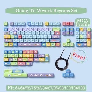 May include: A set of colorful keycaps with a cartoon theme. The keycaps feature various designs, including a heart, a fish, a cloud, and a plant. The set includes a keycap puller and a free gift. The keycaps are compatible with 61, 64, 68, 75, 82, 84, 87, 96, 98, 100, 104, and 108 key keyboards. The keycaps are in the MCA profile.