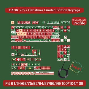May include: A set of Christmas-themed keycaps with red, green, and white designs. The keycaps feature festive graphics and text, including "Merry Christmas." The set includes a keycap puller and is compatible with various keyboard sizes.
