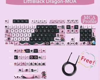 Conjunto de teclas Little Black Dragon, conjunto de teclas preto e rosa, teclas artesanais originais de fábrica com 134 teclas, teclas universais ergonômicas para teclado
