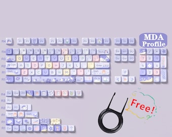 Purple Flower Keycaps Set, Cute Purple Keycaps Set, PBT MDA 138 Artisan Keycaps, Mechanical Keyboard Applicable Keycaps, Gift for Friend
