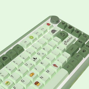 May include: A green and white keyboard with a light green background. The keys have various food-themed icons, including a kiwi, a cake, a donut, a leaf, a cup of tea, and an ice cream cone. The keyboard has the word "Matcha" printed on one of the keys.