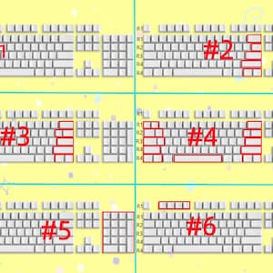May include: Diagram showing six different keyboard layouts with highlighted sections labelled #1 through #6. Each layout is labelled with rows R1 through R4.