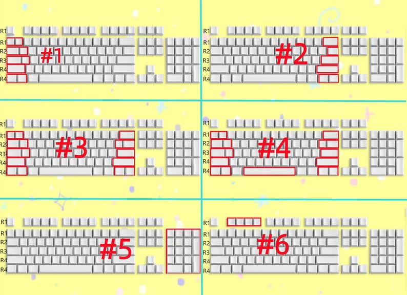May include: Diagram showing six different keyboard layouts with highlighted sections labelled #1 through #6. Each layout is labelled with rows R1 through R4.