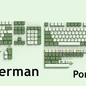 May include: A set of green and white keyboard keycaps with the words "German" and "Portuguese" printed below. The keycaps are arranged in two rows, with the German keycaps on the left and the Portuguese keycaps on the right.