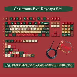 May include: Christmas Eve themed keycaps set with red, green, and white colors. The keycaps feature a variety of holiday-themed designs, including snowflakes, Christmas trees, and Santa Claus. The set includes a variety of keys, including letters, numbers, and symbols. The keycaps are compatible with 61/63/64/68/75/82/84/87/96/98/100/104/108 keyboards.