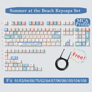 May include: A set of summer-themed keycaps with a beach scene and the text "Summer at the Beach Keycaps Set". The keycaps are white with blue and pink accents. The keycaps are designed to fit 61/63/64/68/75/82/84/87/96/98/100/104/108 keyboards. The image also includes the text "MCA Profile" and "Free!" in a speech bubble.