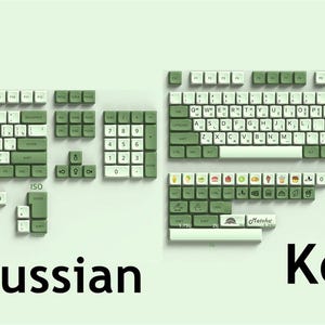 May include: A set of green and white keyboard keycaps with the words "Russian" and "Korean" printed below. The keycaps are arranged in two rows, with the Russian keycaps on the left and the Korean keycaps on the right.