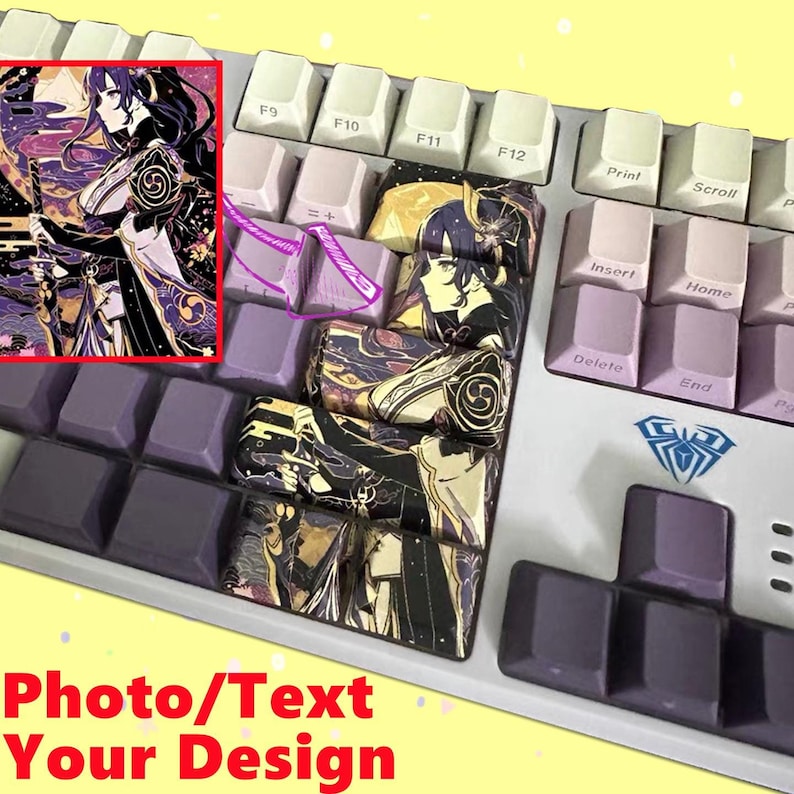 May include: A white keyboard with purple keys and custom keycaps featuring an anime character design. The keycaps are printed with a black and gold image of a character with long purple hair and a sword. The text "Photo/Text Your Design" is printed below the keyboard.
