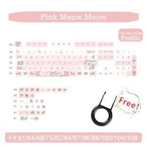May include: Pink keyboard keycaps with cat illustrations and the text "Pink Meow Meow". Includes a keycap puller. Compatible with 61/64/68/75/82/84/87/96/98/100/104/108 keyboards.