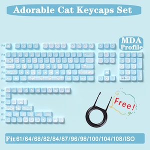 Cat Blue Keycaps Set, Anime Kitty Keycap Set, MDA 138 Artisan Keycaps, Mechanical Keyboard Applicable Keycaps, Gift for Cat Lovers