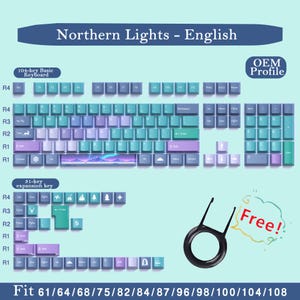 May include: A keyboard keycap set with a gradient color scheme of blue, purple, and teal. The set includes keys for a 104-key basic keyboard and a 31-key expansion key. The text "Northern Lights - English" is displayed at the top.