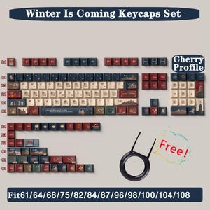 May include: A set of keycaps featuring a winter-themed design with a blue and red color scheme. The keycaps are labeled with the text "Winter Is Coming" and "Game of Thrones". The keycaps are compatible with 61, 64, 68, 75, 82, 84, 87, 96, 98, 100, 104, and 108 key keyboards. The keycaps are made for Cherry profile keyboards.
