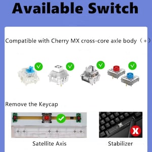 May include: Diagram showing how to replace a mechanical keyboard switch. The image shows a keyboard switch with a tick next to it, and a keyboard switch with a red cross next to it. The text "Remove the Keycap" is visible in the image. The text "Satellite Axis" is visible below a diagram of a keyboard switch with a tick next to it. The text "Stabilizer" is visible below a diagram of a keyboard switch with a red cross next to it.