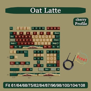May include: A set of keycaps in a variety of colors, including cream, green, and burgundy. The keycaps are labeled with letters, numbers, and symbols. The text "Oat Latte" and "cherry Profile" are also visible. The set is designed to fit 61/64/68/75/82/84/87/96/98/100/104/108 keyboards.