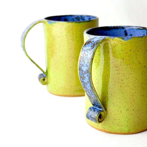 Extra Large Mugs - Neon Green and Blue eclectic coffee cups (set of 2)