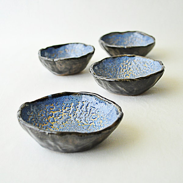 Black and Blue pottery bowls - crawl glaze wabi sabi ceramic dishes (Set of 4)