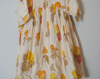 Handblock Print Floral Tunic Dress - Beige & Orange Boho Kurti - Short mini dress