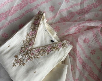 Ivory White Vatican Silk Anarkali Kurti Suit Set: Handwork Floral Dupatta