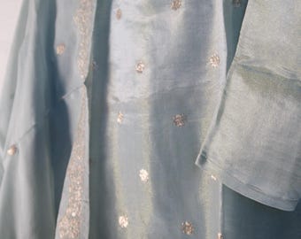 Powder green tissue straight cut party wear kurti set - designer suit festive wear