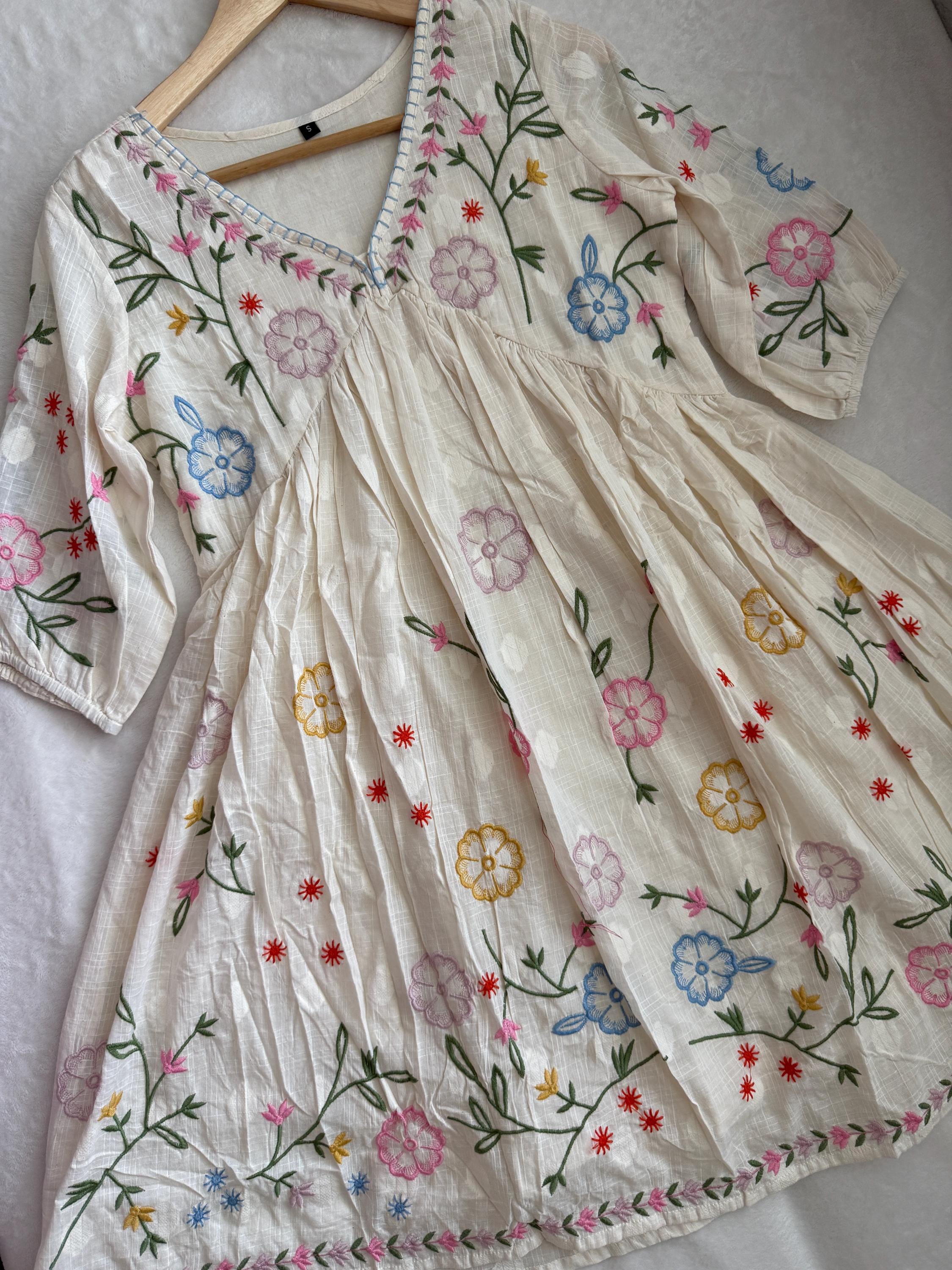 White Cotton Embroidered Floral Tunic: Boho Beach Dress