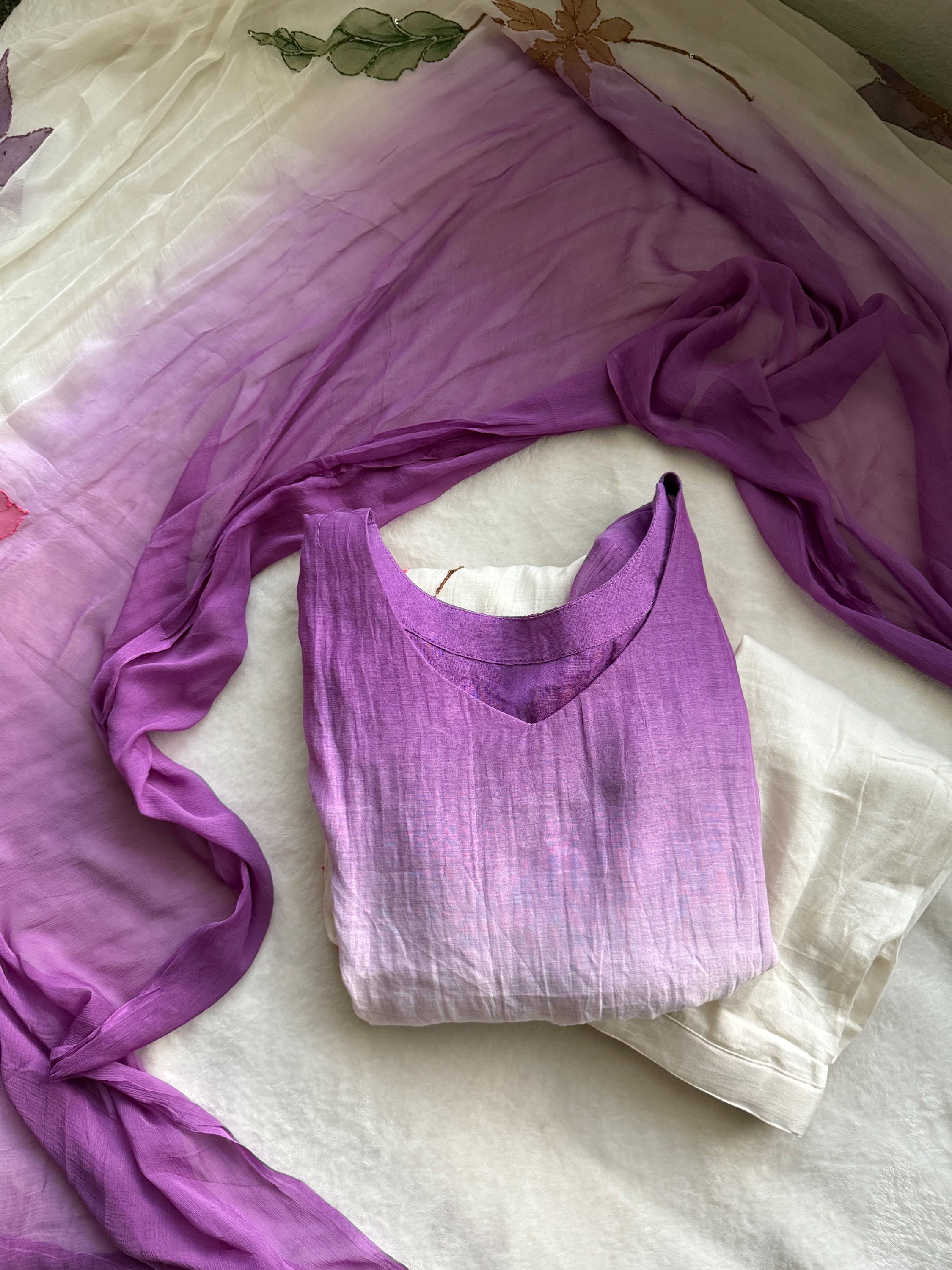 Lavender Mul Chanderi Kurti Set: Applique Indian Ethnic Wear