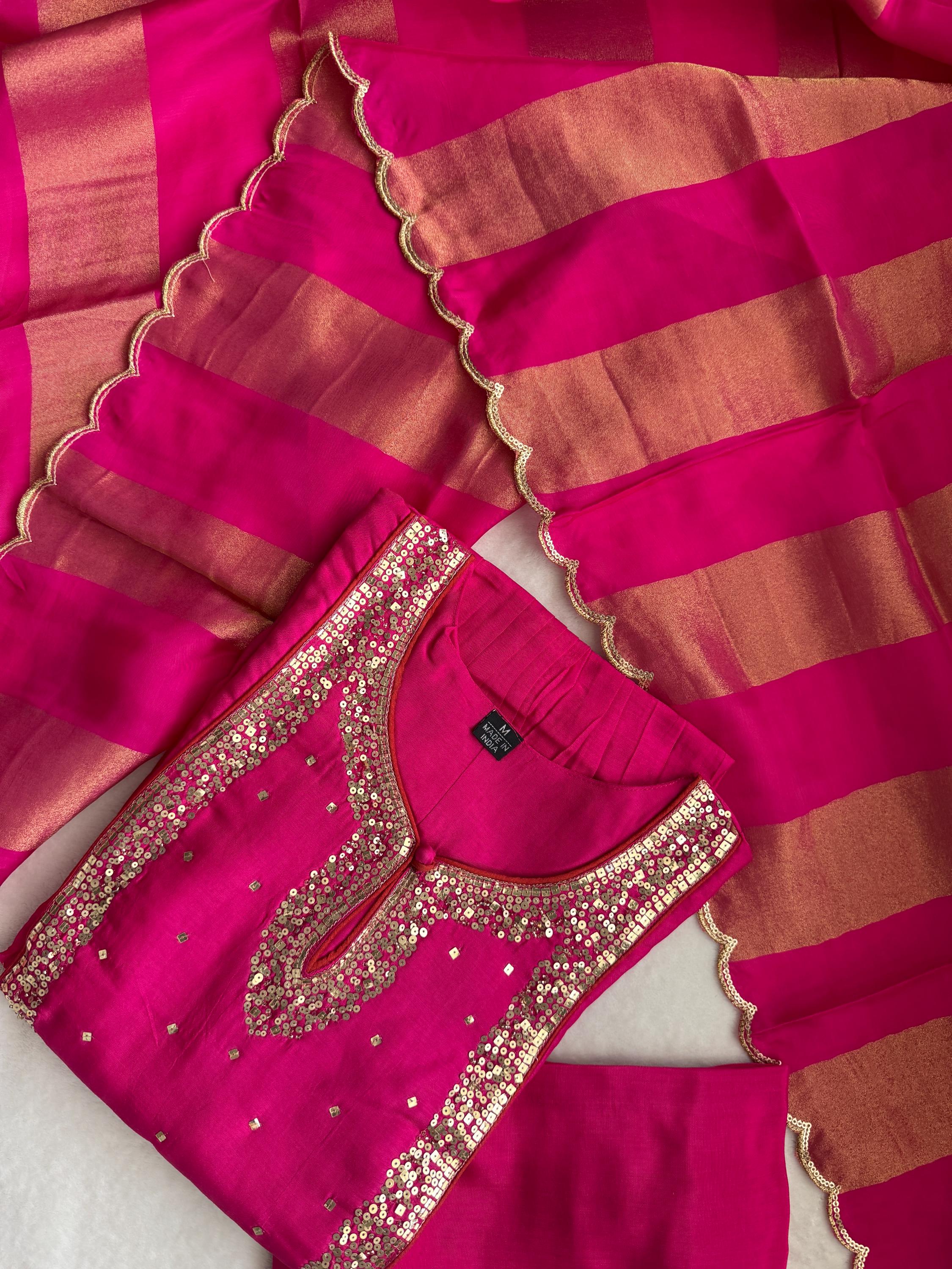 Pink designer party wear kurti set with tissue dupatta