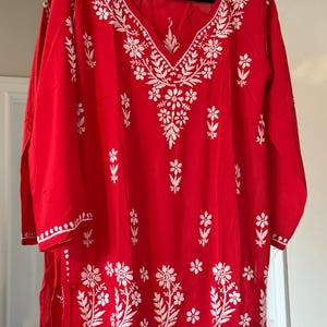 Red Muslin Chikankari Kurti: Hand Embroidered Indian Tunic
