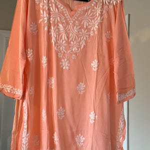 Peach Muslin Chikankari Kurti: Hand Embroidered Indian Tunic Top