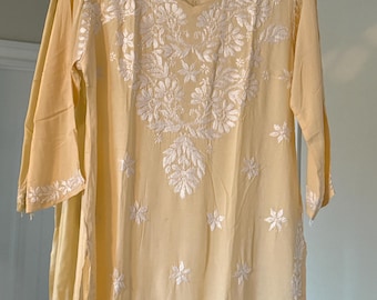 Beige Muslin Chikankari Kurti: Hand Embroidered Indian Tunic