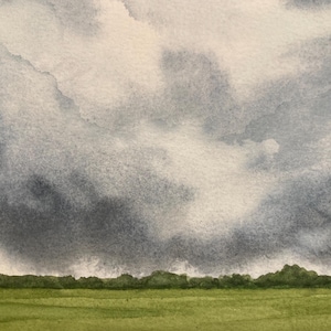 Original watercolor painting of a stormy field. 5x7 (matted 8x10)