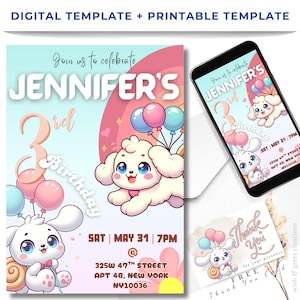 Editable Kawaii Style Birthday Invitation Template | Digital Invitation Canva | Printable and Instant Download Birthday Card
