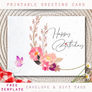 Pink Floral Happy Birthday Card | Digital Download Watercolor Flowers Greeting Cards | Instant Download Printable Birthday Gift