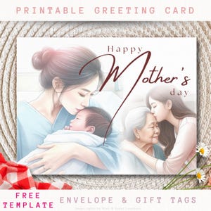 Carte mère et fille s'embrassant pour la fête des mères | Cartes de voeux vibrantes à téléchargement numérique | Cadeau imprimable à téléchargement immédiat pour maman