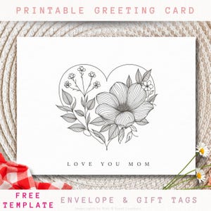 Tarjeta imprimible para el Día de la Madre: Corazón minimalista con flores y líneas. Descarga digital elegante para mamá. Tarjeta de felicitación de descarga instantánea.