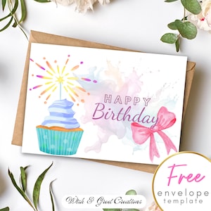 Cartão de felicitações de feliz aniversário para impressão Design simples Cartão de desejos de aniversário Download instantâneo E-card Presente para crianças Cartão de aniversário estilo aquarela