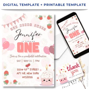 Modelo de convite de primeiro aniversário de Berry editável no Canva | Convite digital personalizado | Cartão de primeiro aniversário de Berry para impressão e download instantâneo